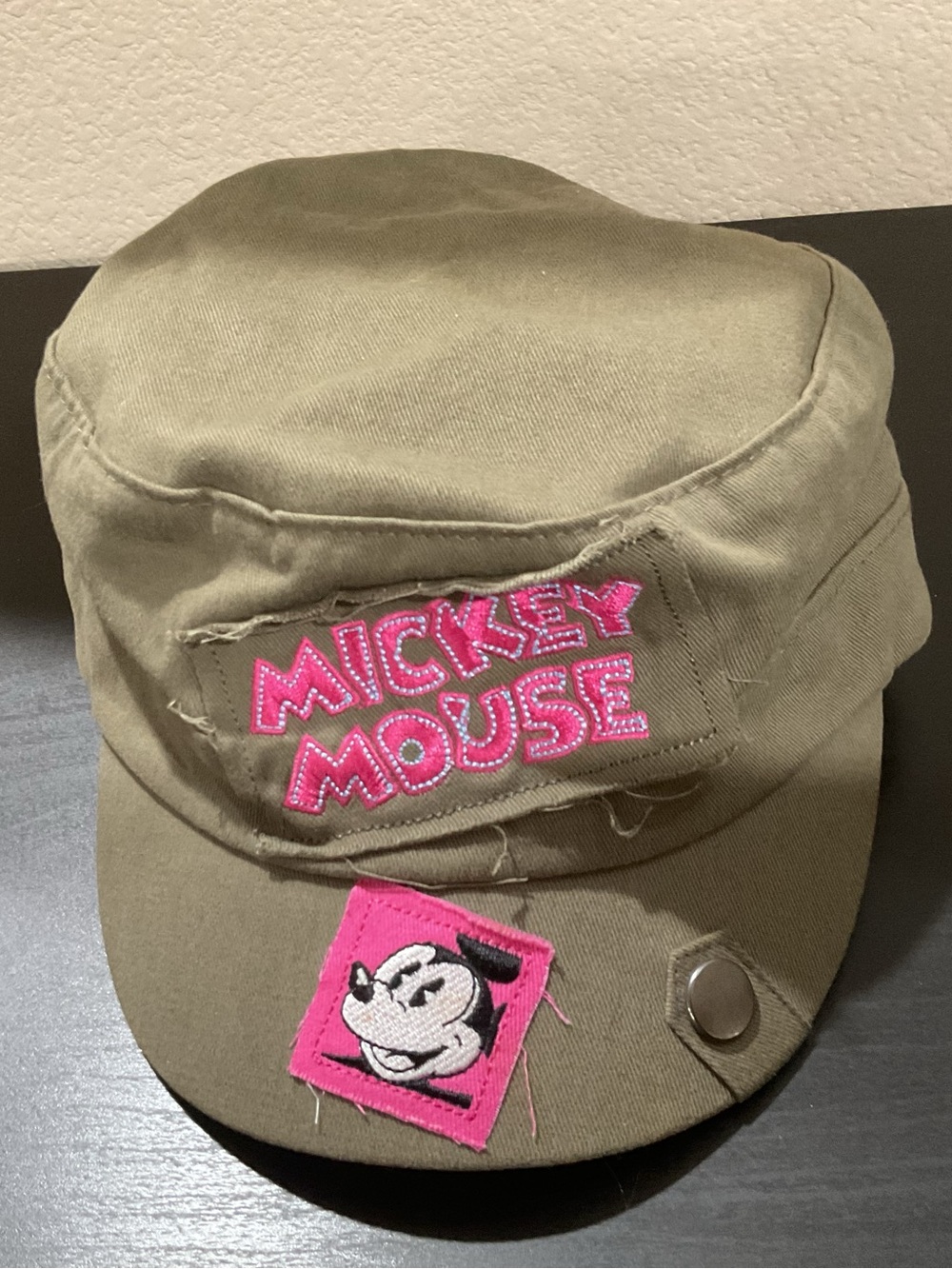 Olive Green Women's Military-Style Hat with Pink Mickey Mouse Patch